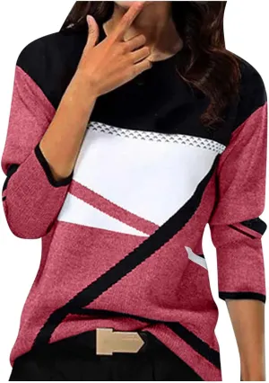Tops for Women Fall 2024 Color Block Floral Printed Casual Sweatshirts Loose Fashion Round Neck Comfy Pullover Shirts