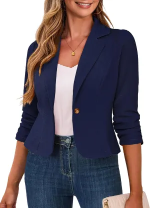 Traleubie Women's Cropped Blazers 3/4 Ruched Sleeve Lightweight Office Wear Short Blazer with Button, S-XL