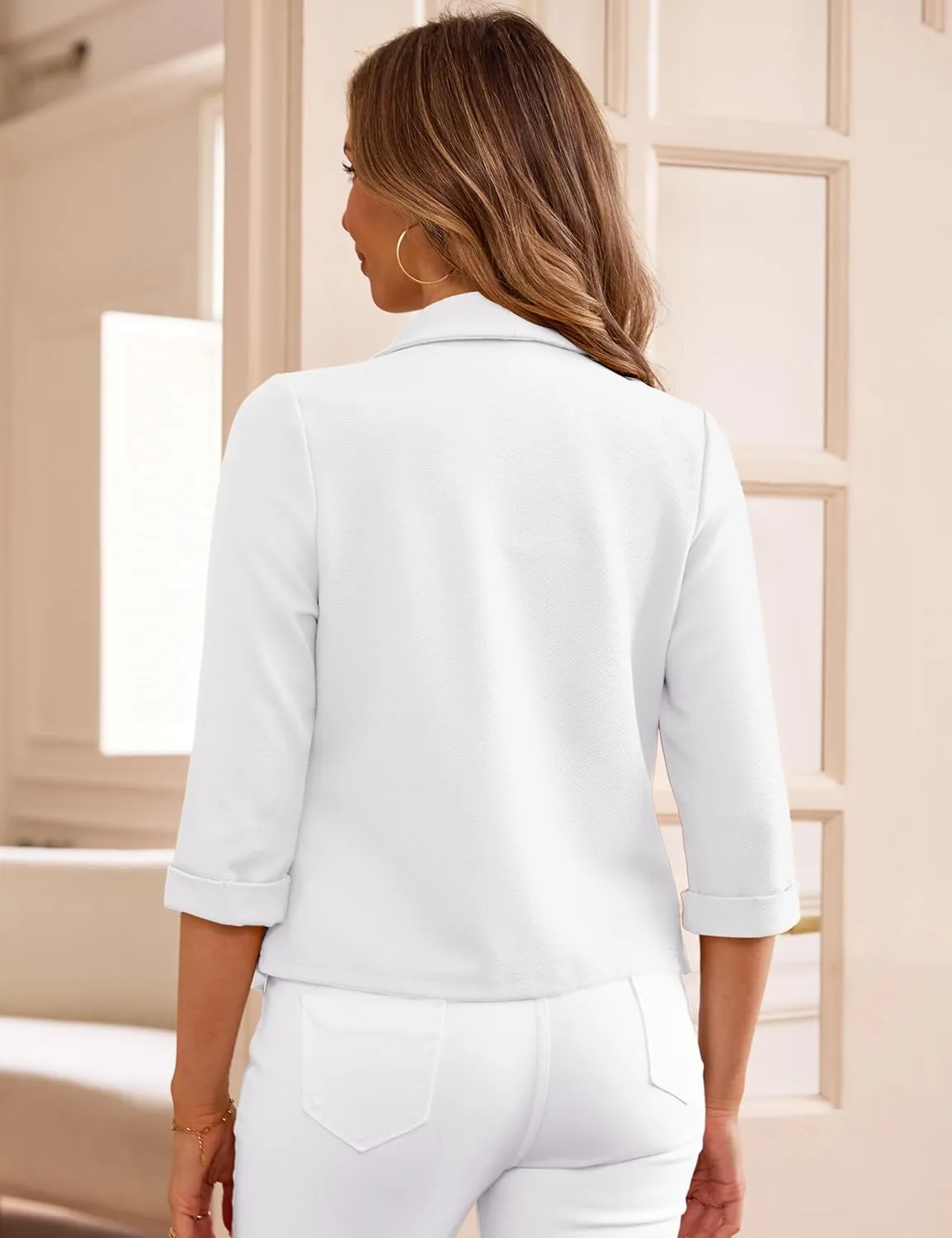 Tralilbee Women's Cropped Blazers 3/4 Sleeve Open Front Lightweight Cardigan Casual Work Office Suit Blazer Jackets S-XL