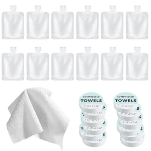Travel Bottles Kit for Toiletries with Compressed Towels, TSA Approved Travel Size Portable Refillable Pouch Containers Leak Proof Travel Accessories Essentials Set for Shampoo Conditioner Lotion