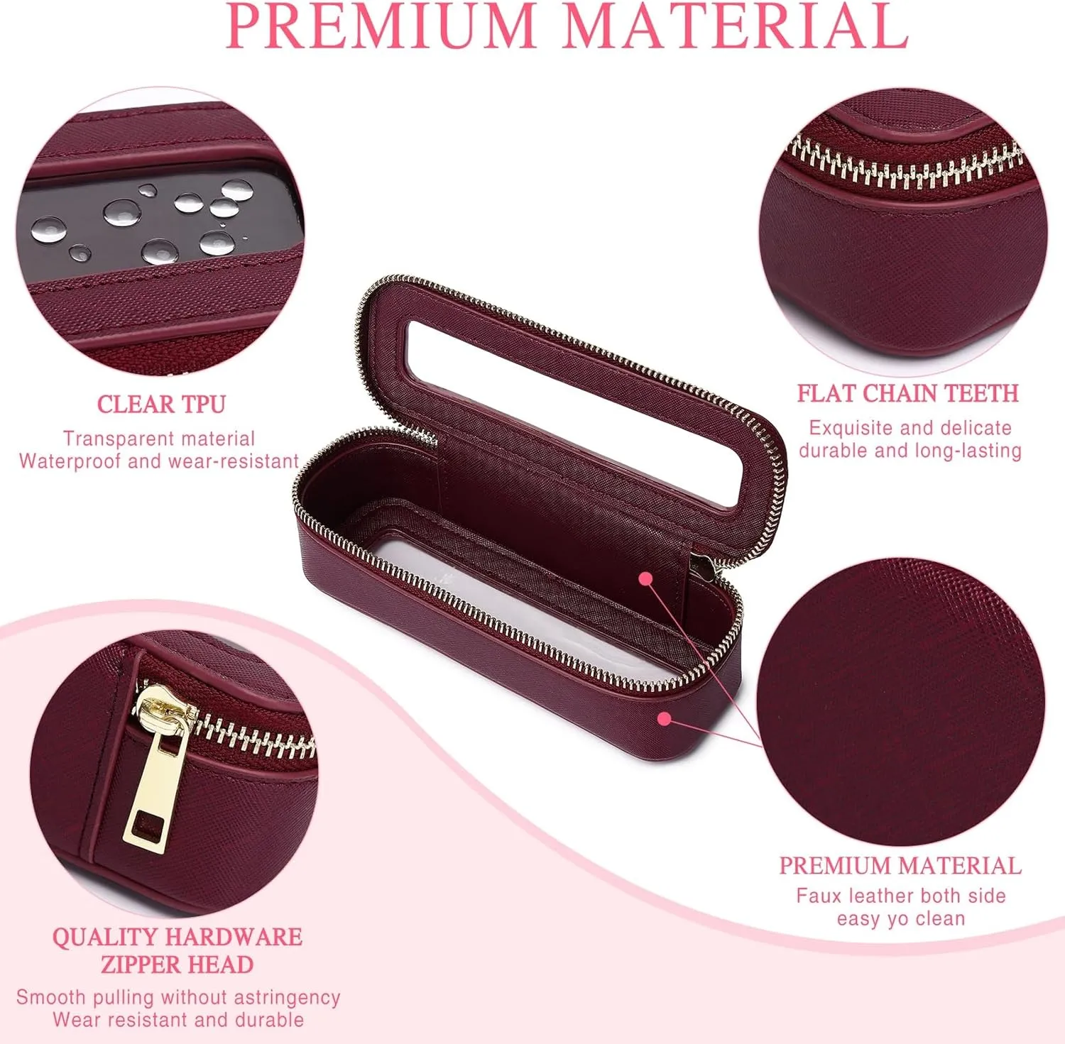 Travel Makeup Set Waterproof Transparent Cosmetic Bag and Toiletry Bag Makeup Brush case with Zipper Car Essentials for Women (Burgundy, L M SLIM)