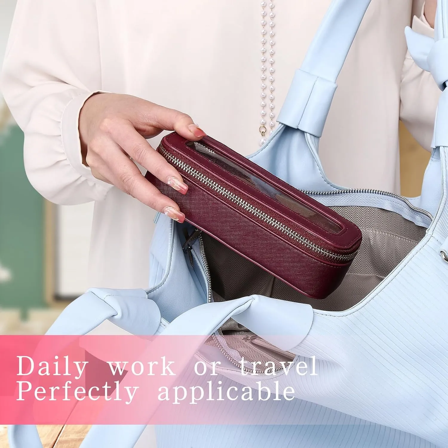 Travel Makeup Set Waterproof Transparent Cosmetic Bag and Toiletry Bag Makeup Brush case with Zipper Car Essentials for Women (Burgundy, L M SLIM)
