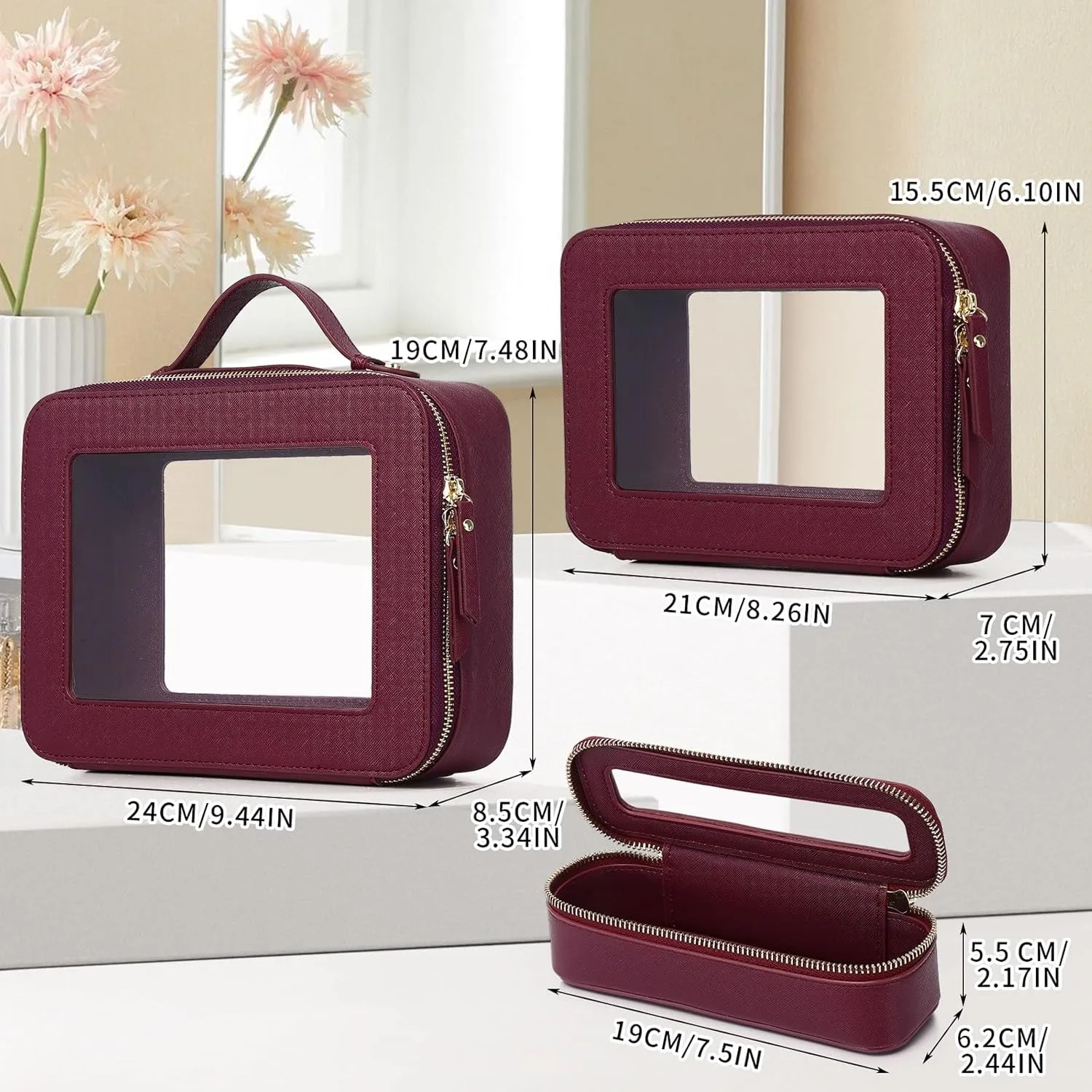 Travel Makeup Set Waterproof Transparent Cosmetic Bag and Toiletry Bag Makeup Brush case with Zipper Car Essentials for Women (Burgundy, L M SLIM)