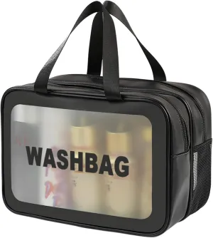 Travel Toiletry Bag for Women and Men, Matte Translucent Toiletry Bag with Handy Handle, Makeup Cosmetic Organizer Bag for Travel Toiletries Accessories (Black-XL)