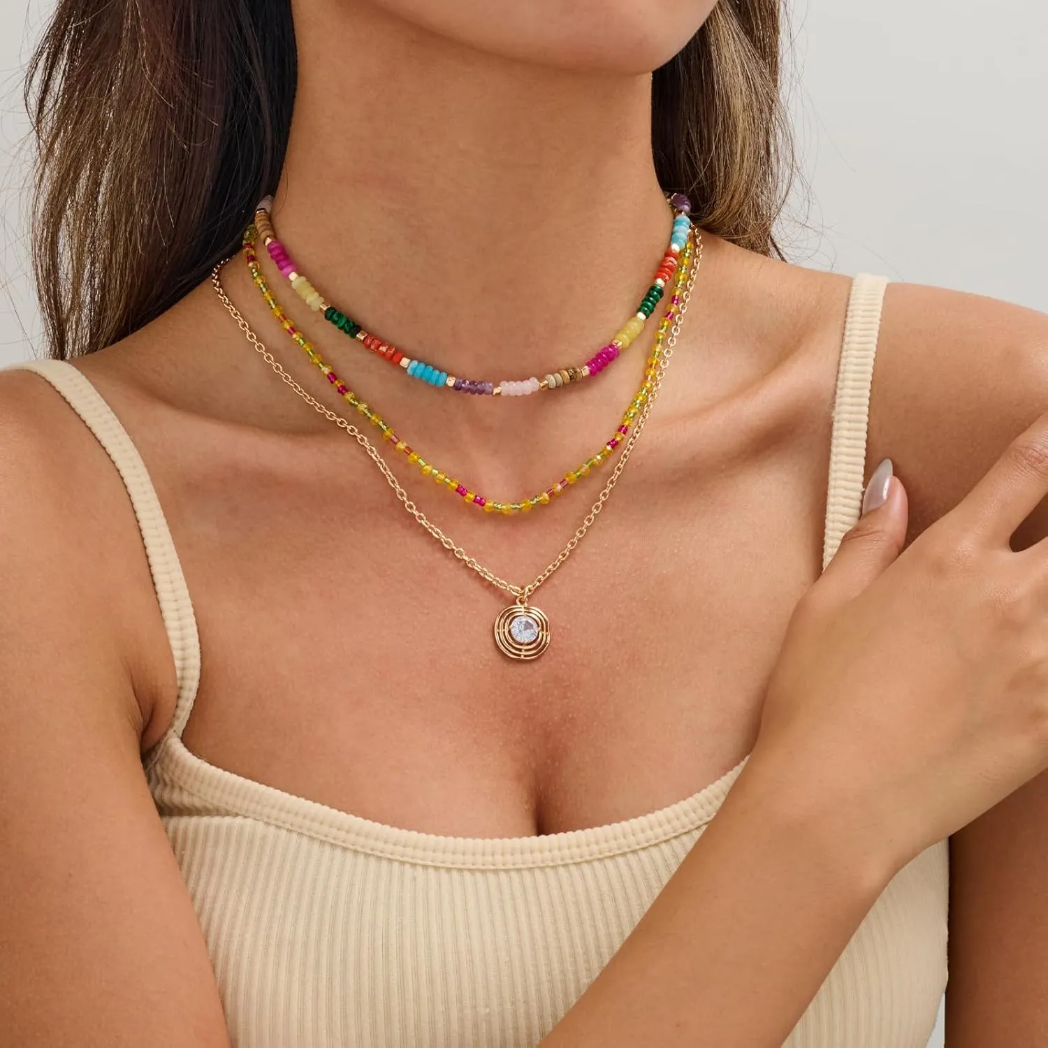 Trendy Layered Necklaces Set for Women Gold - toned Chain Sparkling Crystal Pendant Necklace, Colorful Beaded & Natural Stone Separable Multi - layer Necklace