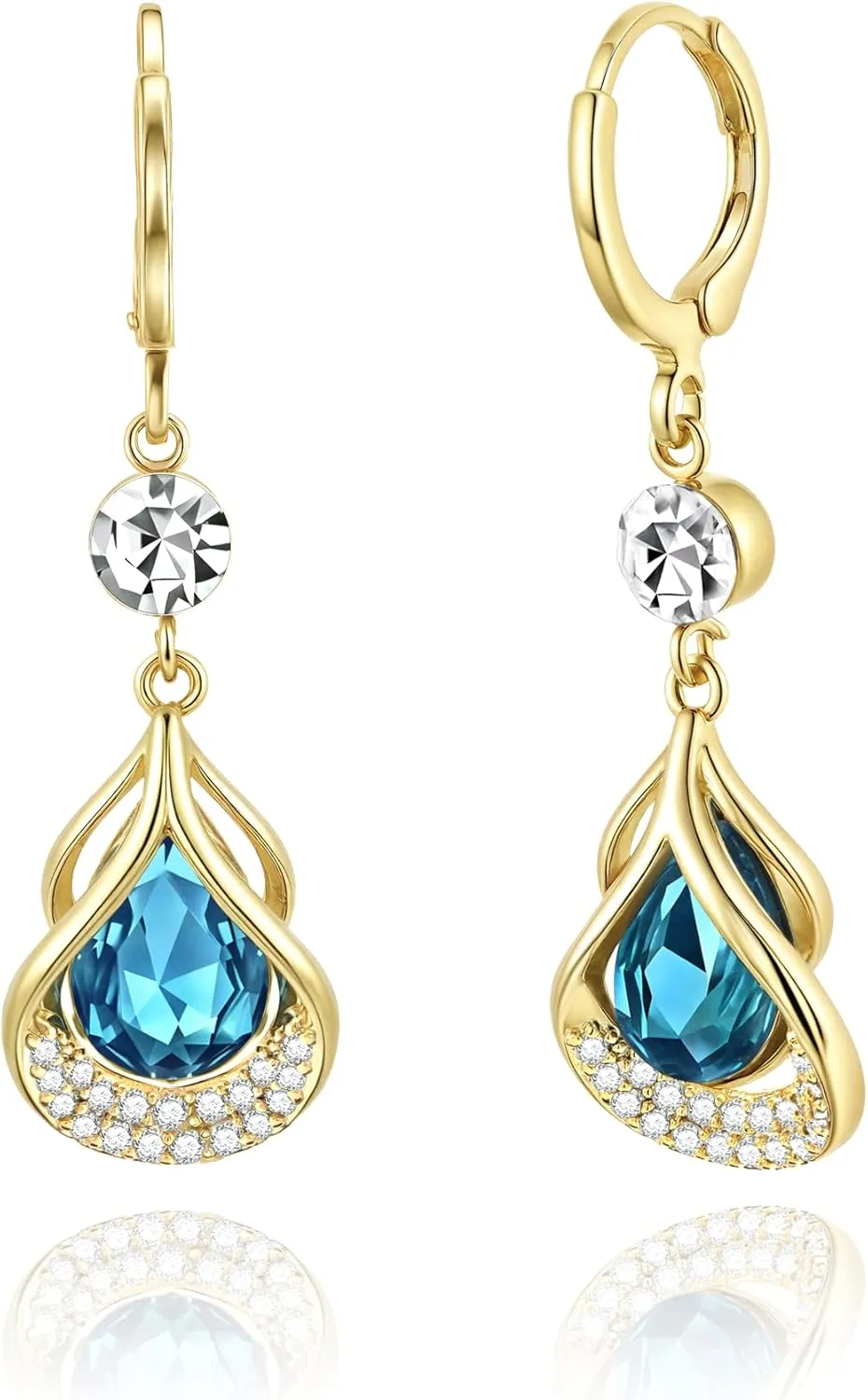 Trendy Sapphire Huggie Small Hoop Earrings with Hypoallergenic Blue Topaz Birthstones, 14K Gold Plated Teardrop Dangle Earrings for Women, Blue Crystal Jewelry for Daily & Occasions