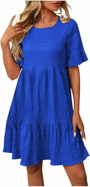 Trendy Summer Dress for Women Solid Color Short Sleeve Patchwork Casual Dresses Pleated Floral Hem A-line Dress