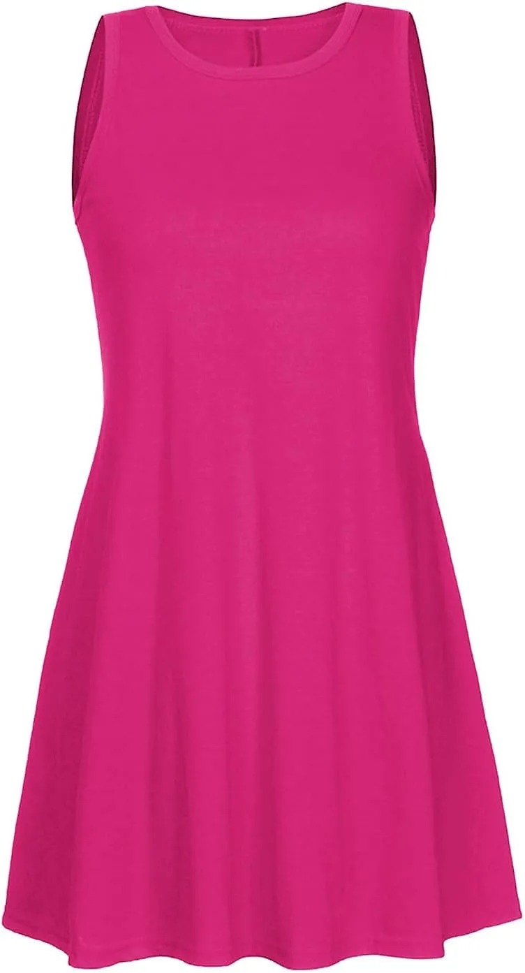 Trendy Women Summer Lace Hem Tank Dresses Casual Sleeveless Beachwear Round Neck Solid Color Comfy Dress with Pocket