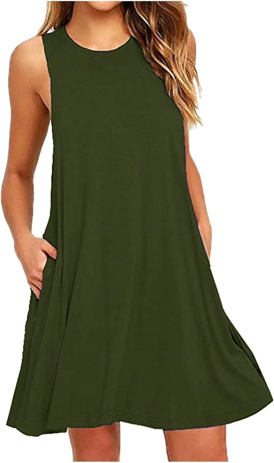 Trendy Women Summer Lace Hem Tank Dresses Casual Sleeveless Beachwear Round Neck Solid Color Comfy Dress with Pocket