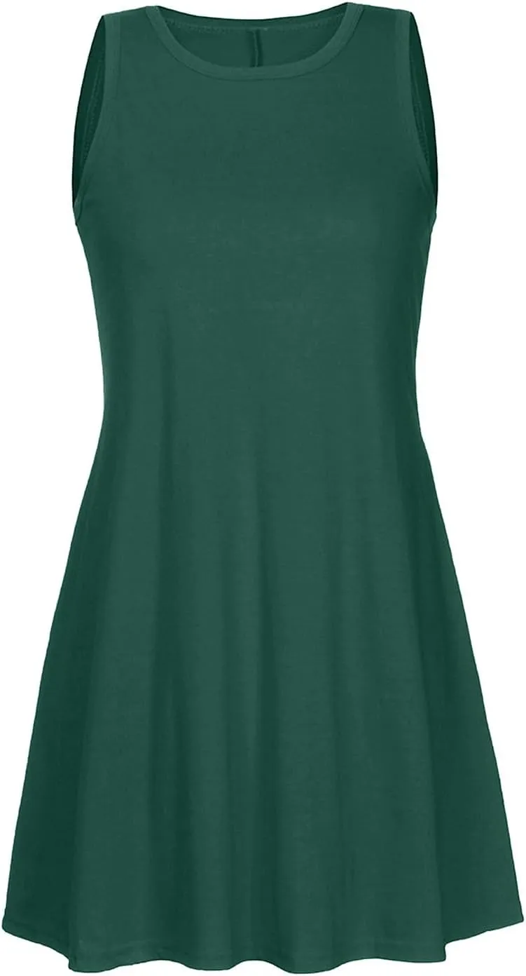 Trendy Women Summer Lace Hem Tank Dresses Casual Sleeveless Beachwear Round Neck Solid Color Comfy Dress with Pocket