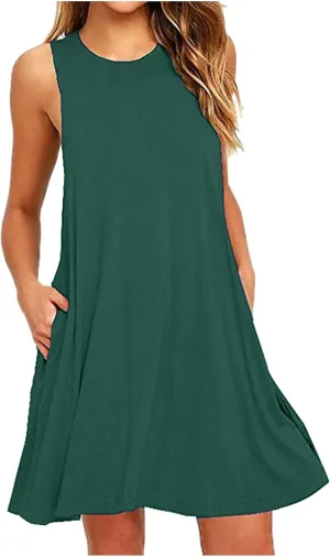Trendy Women Summer Lace Hem Tank Dresses Casual Sleeveless Beachwear Round Neck Solid Color Comfy Dress with Pocket
