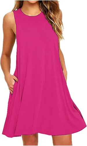 Trendy Women Summer Lace Hem Tank Dresses Casual Sleeveless Beachwear Round Neck Solid Color Comfy Dress with Pocket