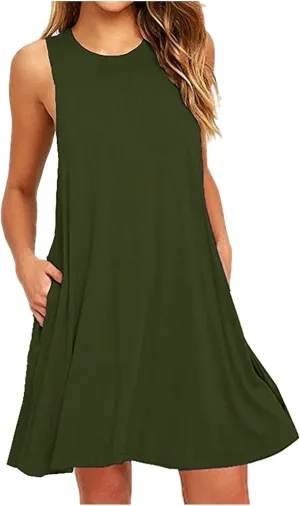 Trendy Women Summer Lace Hem Tank Dresses Casual Sleeveless Beachwear Round Neck Solid Color Comfy Dress with Pocket