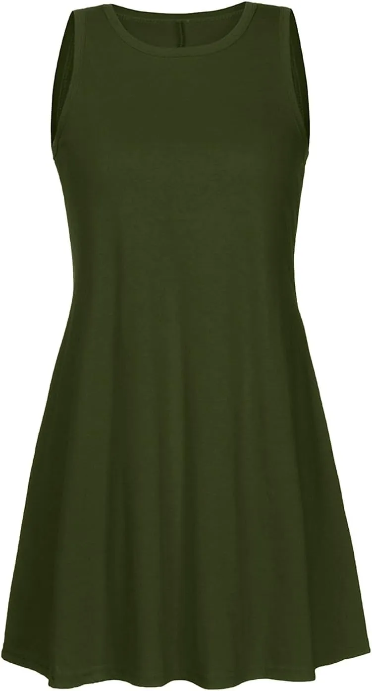 Trendy Women Summer Lace Hem Tank Dresses Casual Sleeveless Beachwear Round Neck Solid Color Comfy Dress with Pocket