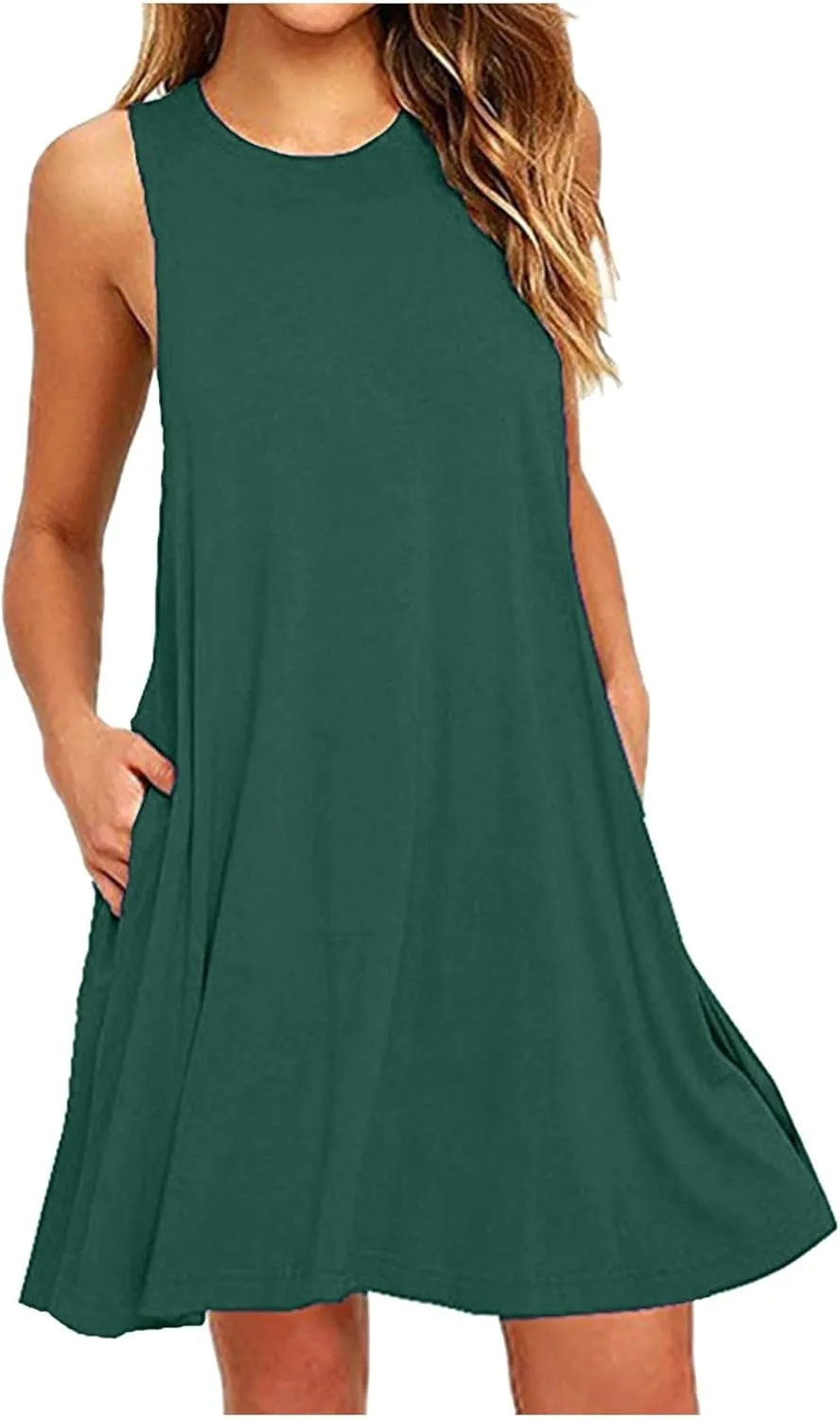 Trendy Women Summer Lace Hem Tank Dresses Casual Sleeveless Beachwear Round Neck Solid Color Comfy Dress with Pocket