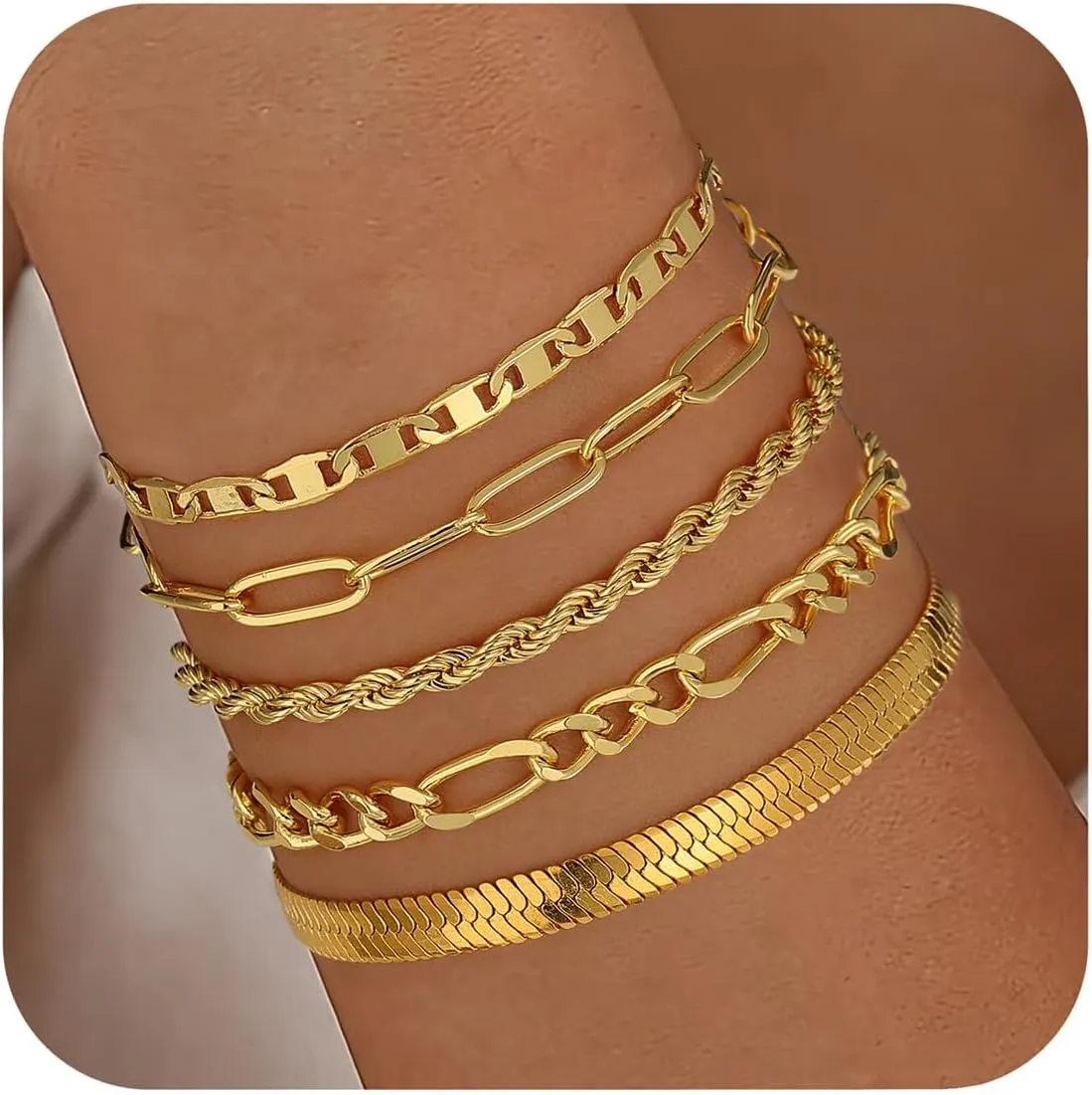 Turandoss Gold Bracelets for Women Trendy - 18K Real Gold Plated Chain Bracelets Gold Jewelry Sets for Women Dainty Stackable Cuban Beaded Paperclip Link Chain Pearl Bracelets Gold Bracelets for Women