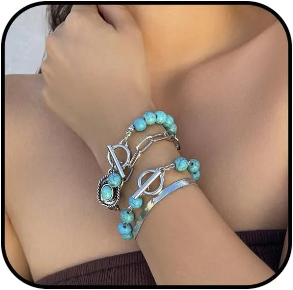 Turquoise Bracelet for Women Western Cowgirl Hat Bracelet Turquoise Beaded Bracelet Set Adjustable Turquoise Toggle Clasp Bracelet Punk Cowboy Bracelet Boho Turquoise Jewelry