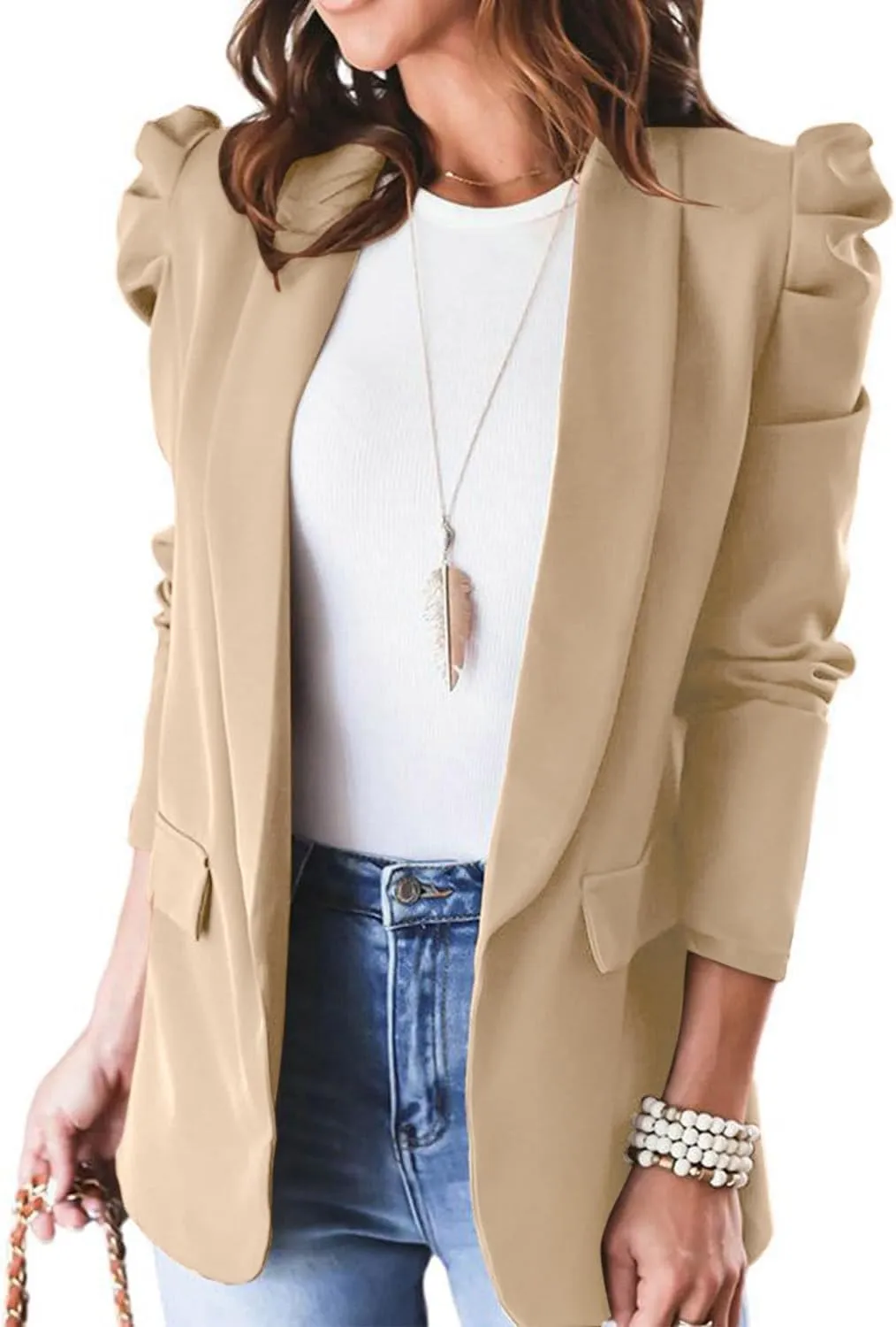 utcoco Womens Open Front Blazers Casual Business Padded Shoulder Long Sleeve Suit Jacket