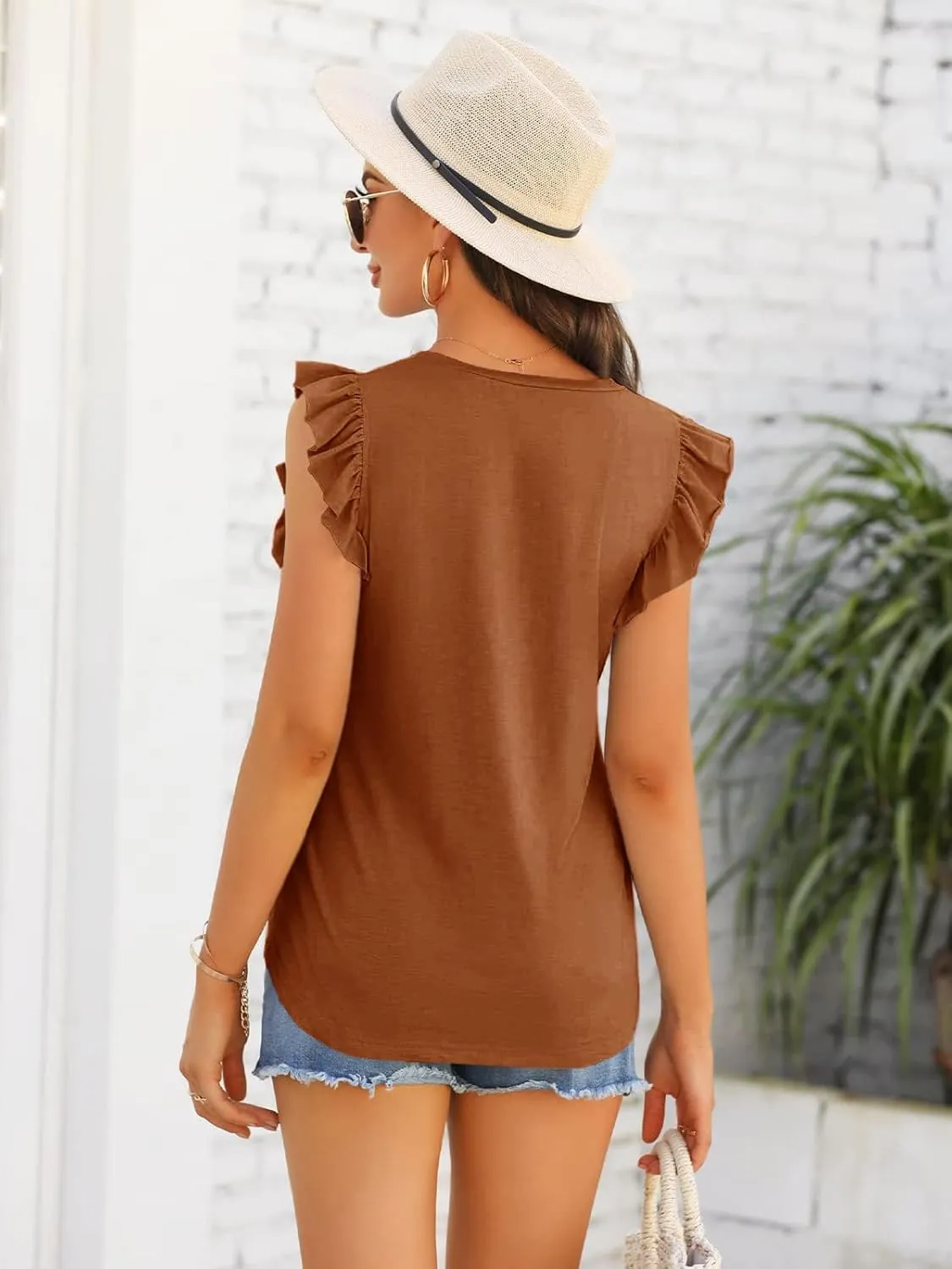 Valphsio Womens Casual V Neck Blouse Tops Frilled Ruffles Solid Sleeveless Tanks