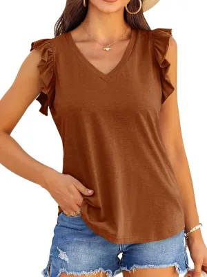 Valphsio Womens Casual V Neck Blouse Tops Frilled Ruffles Solid Sleeveless Tanks