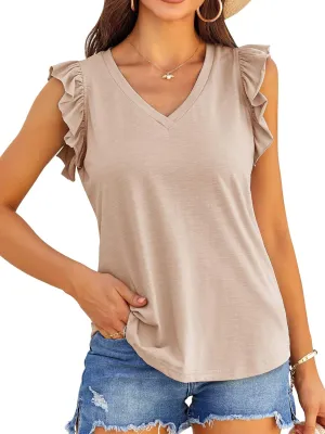 Valphsio Womens Casual V Neck Blouse Tops Frilled Ruffles Solid Sleeveless Tanks