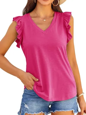 Valphsio Womens Casual V Neck Blouse Tops Frilled Ruffles Solid Sleeveless Tanks