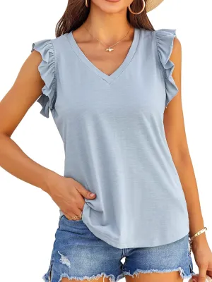 Valphsio Womens Casual V Neck Blouse Tops Frilled Ruffles Solid Sleeveless Tanks