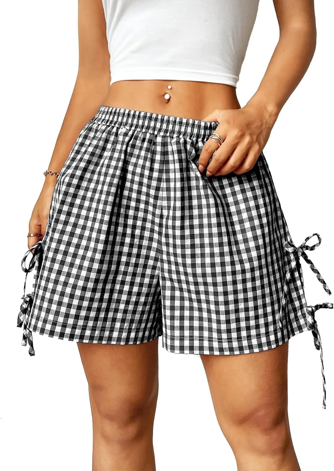 Verdusa Women's Gingham Plaid Print Bow Tie Split Elastic Waist Shorts