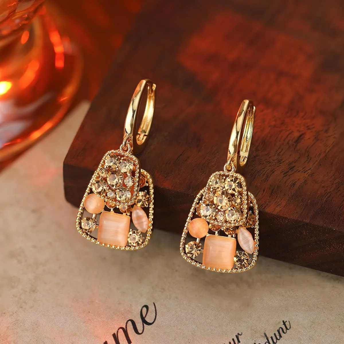Vintage 18K Gold-Plated Dangle Earrings for Women  Elegant Geometric Design with Crystal, Cubic Zirconia & Shell Inlays  Luxury Statement Jewelry for Special Occasions
