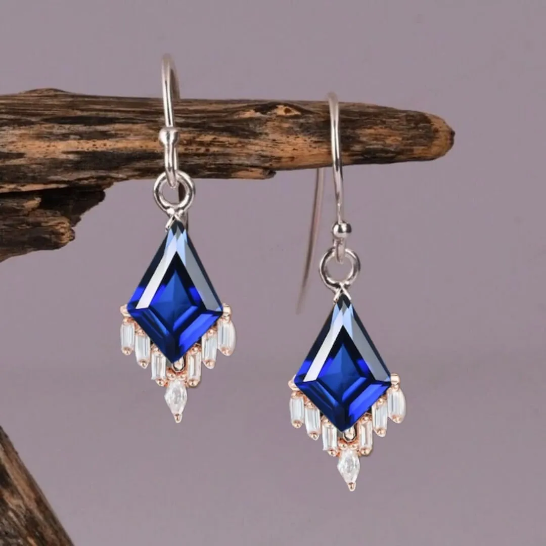 Vintage Kite Cut Blue Sapphire Earrings, Drop and dangal earrings for Womens