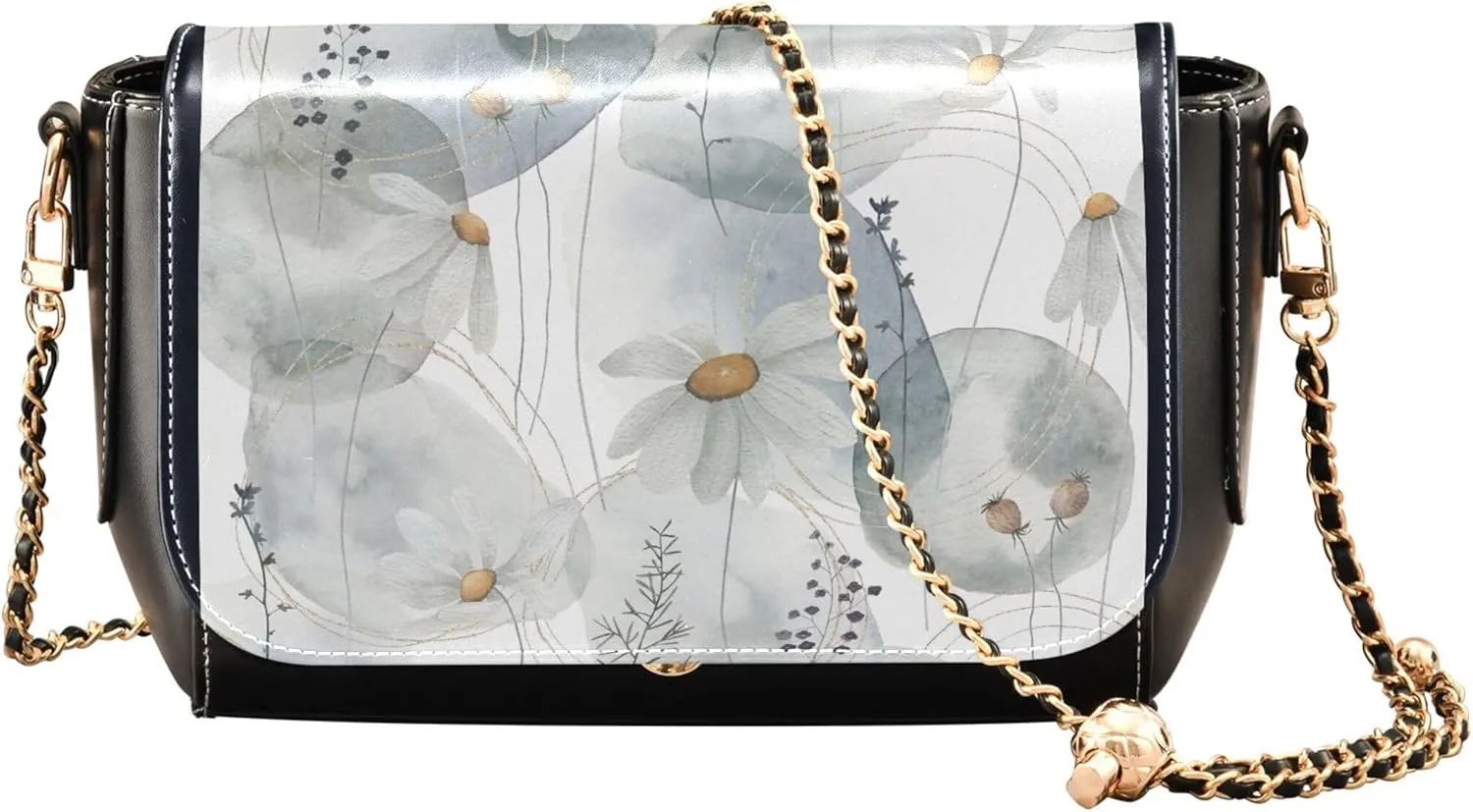 Vintage Print Flowers Gray Women Shoulder Leather Bags Retro Women Crossbody Purse Fashion Satchel with Chain Strap