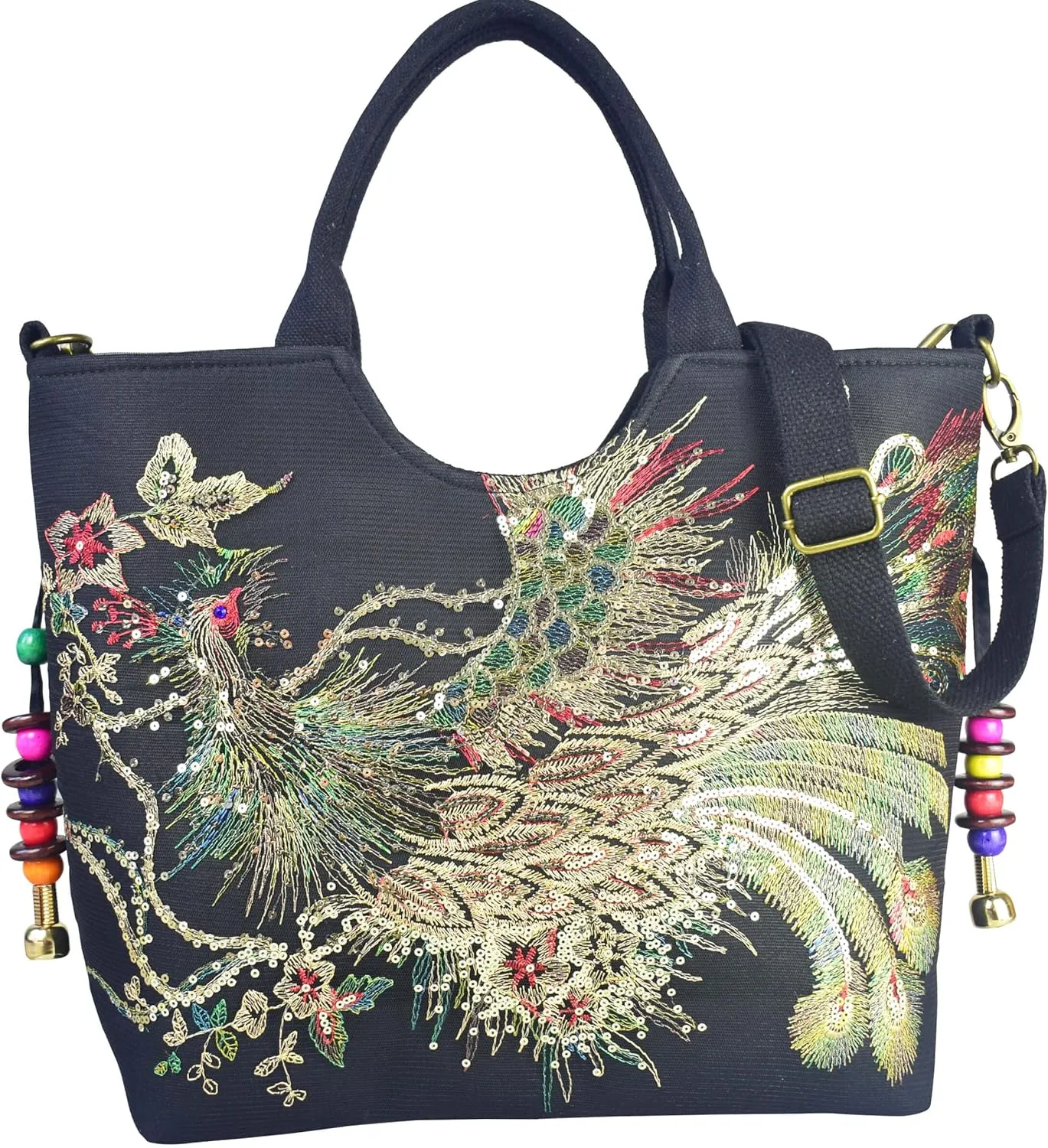 Vintage Shoulder HandBags for Women,Tote Handbags,Ladies Travel Hobo Handbag With Sparkly Sequins Phoenix Embroidered