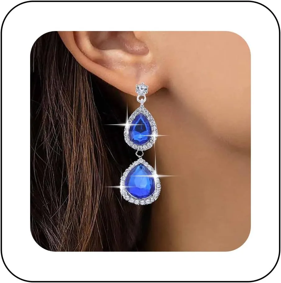 Vintage Teardrop Sapphire Dangle Earrings Blue Crystal Drop Earrings Silver Sapphire Teardrop Earring Waterdrop Blue Rhinestone Earring Bridal Wedding Chandelier Statement Jewelry for Women