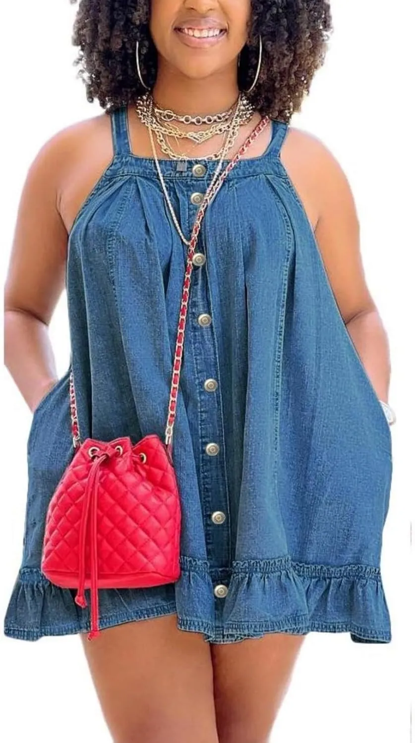 Voghtic Babydoll Denim Dress for Women Casual Sleeveless Button Down Ruffle Hem Flowy Short Sundress with Pockets