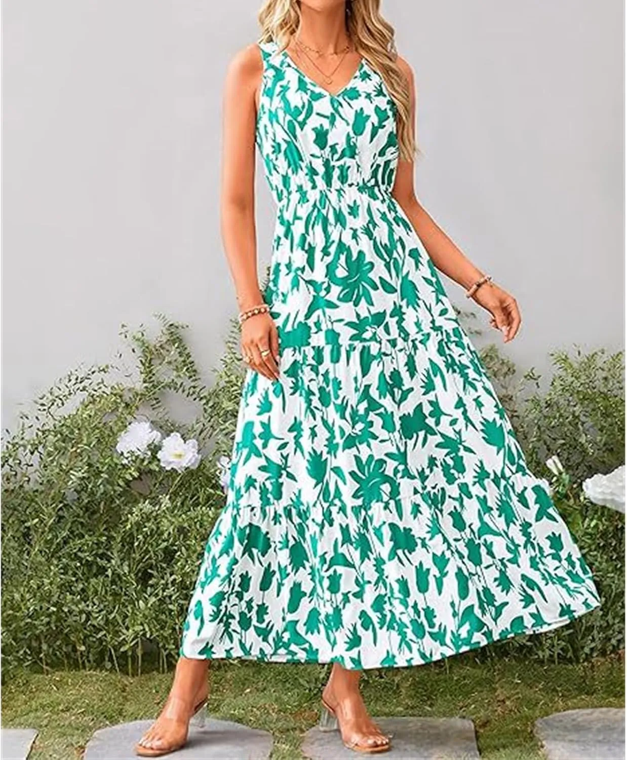 Wedding Guest Dress for Women Sleeveless V Neck Maxi Dress Elastic Waist Casual Floral Printed Summer Sundress 2025