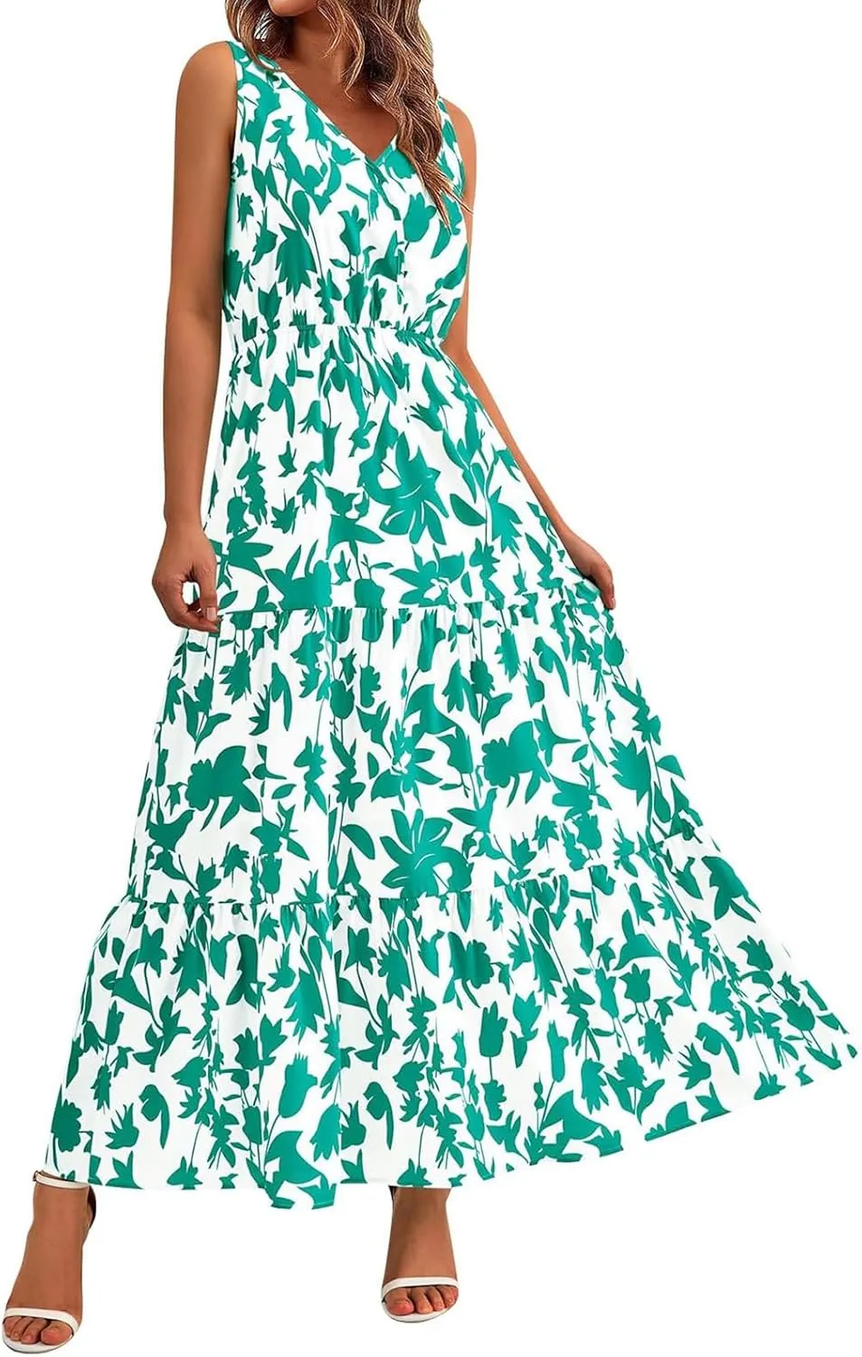 Wedding Guest Dress for Women Sleeveless V Neck Maxi Dress Elastic Waist Casual Floral Printed Summer Sundress 2025