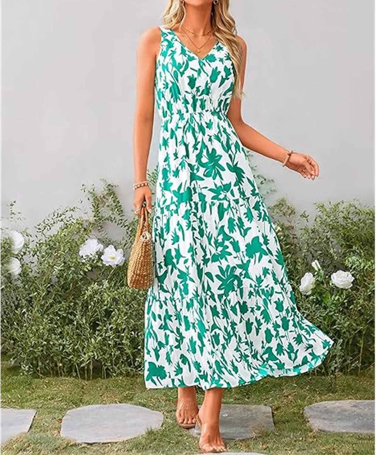 Wedding Guest Dress for Women Sleeveless V Neck Maxi Dress Elastic Waist Casual Floral Printed Summer Sundress 2025