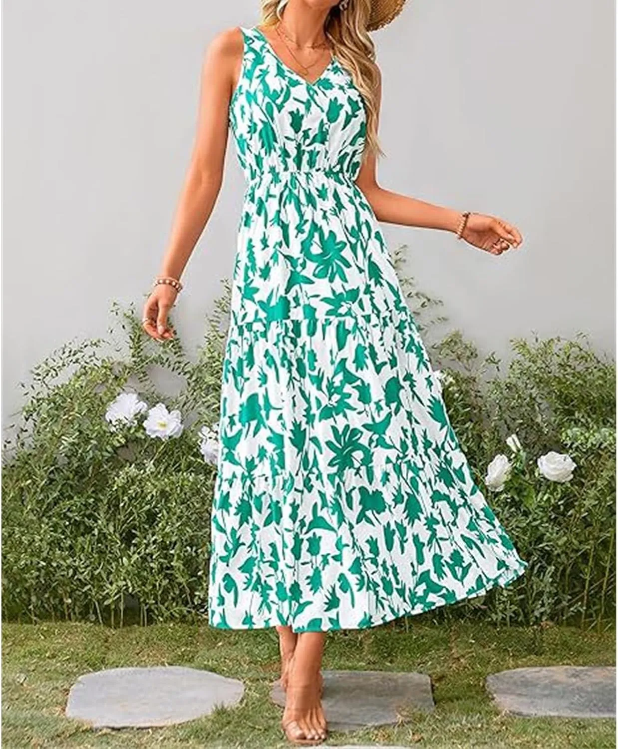 Wedding Guest Dress for Women Sleeveless V Neck Maxi Dress Elastic Waist Casual Floral Printed Summer Sundress 2025
