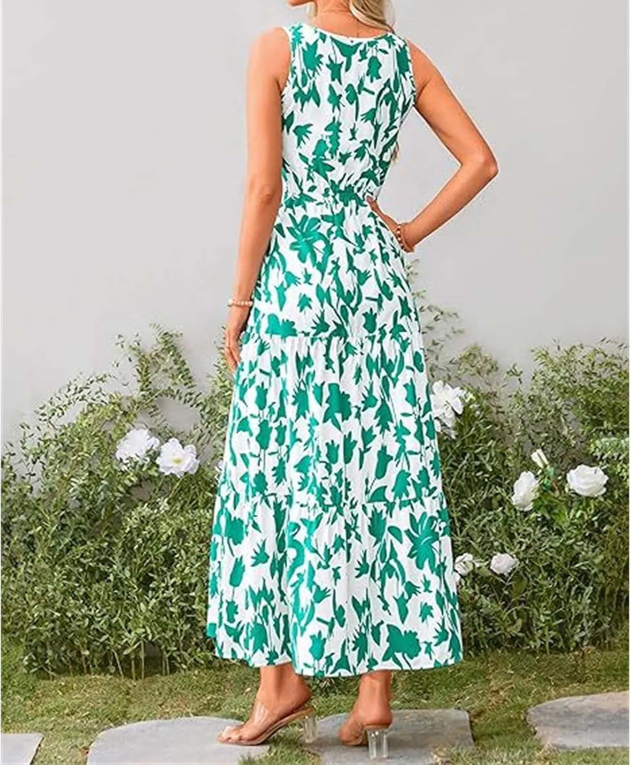 Wedding Guest Dress for Women Sleeveless V Neck Maxi Dress Elastic Waist Casual Floral Printed Summer Sundress 2025
