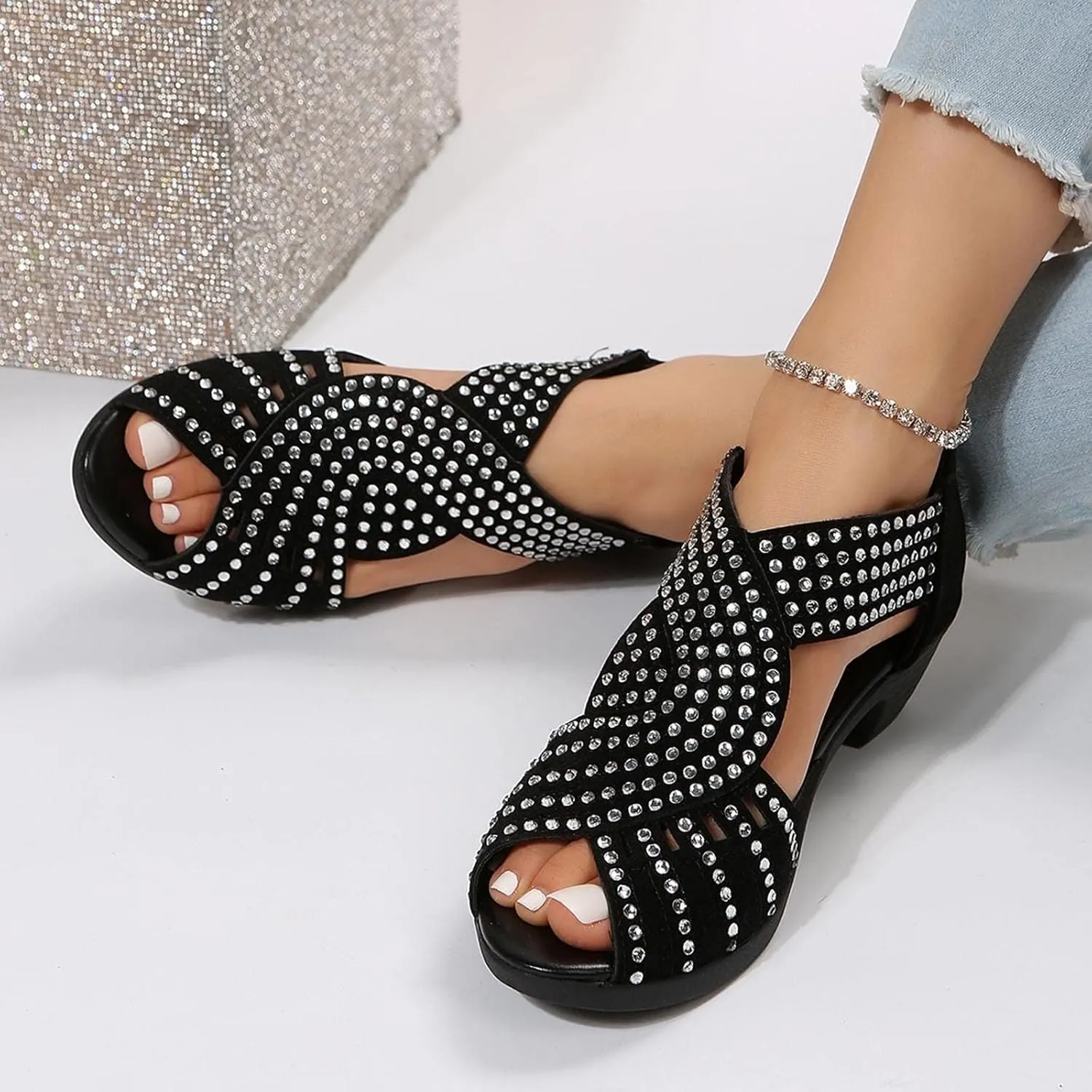Wedge Sandals for Women Summer Trendy Plus Size Open Toe Zipper Walking Shoes Casual Lightweight Rhinestone Dance Shoes Comfortable Breathable Hollow Out Sandals