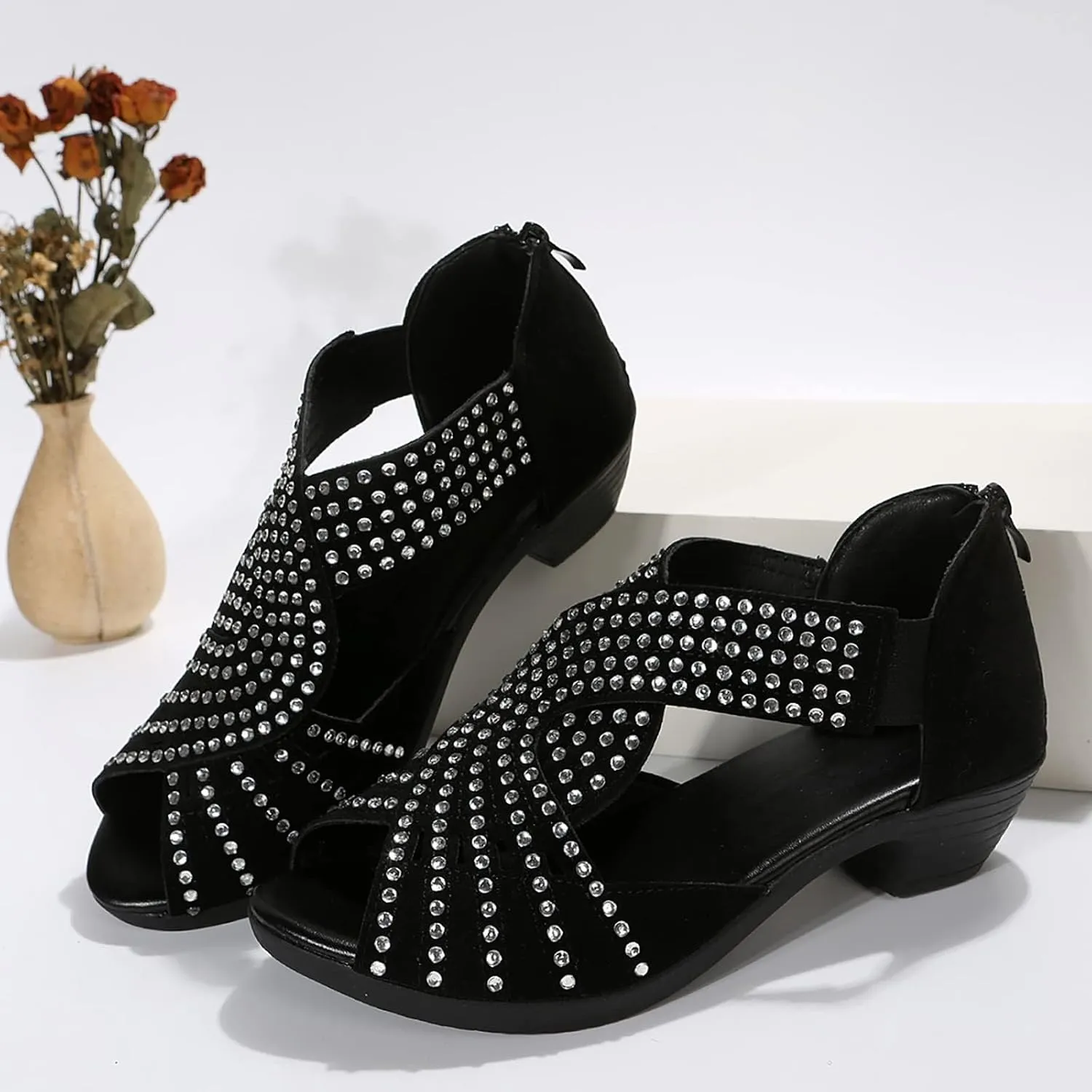 Wedge Sandals for Women Summer Trendy Plus Size Open Toe Zipper Walking Shoes Casual Lightweight Rhinestone Dance Shoes Comfortable Breathable Hollow Out Sandals