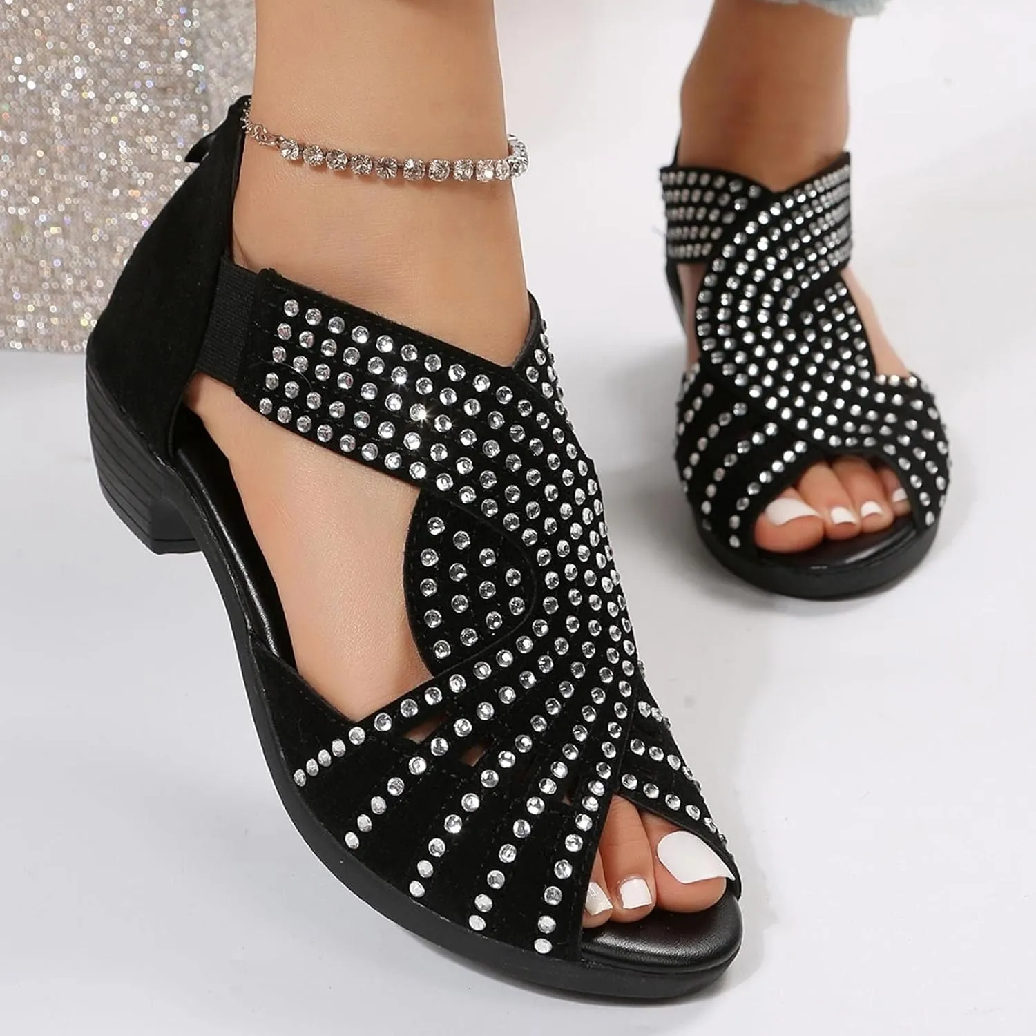 Wedge Sandals for Women Summer Trendy Plus Size Open Toe Zipper Walking Shoes Casual Lightweight Rhinestone Dance Shoes Comfortable Breathable Hollow Out Sandals