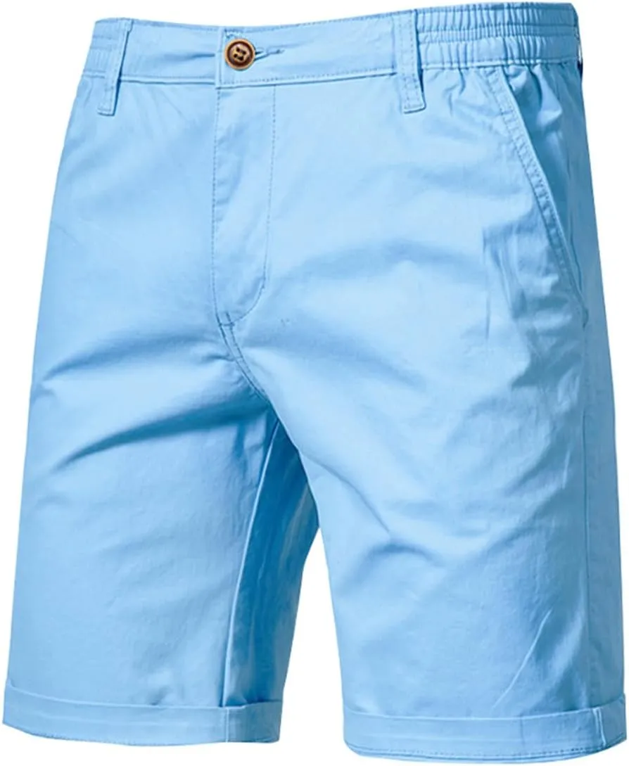 WENKOMG1 MensCotton Shorts Solid Chino Casual Knee Length Work Shorts Summer Slim Fit 10" Inseam Flat Front Shorts