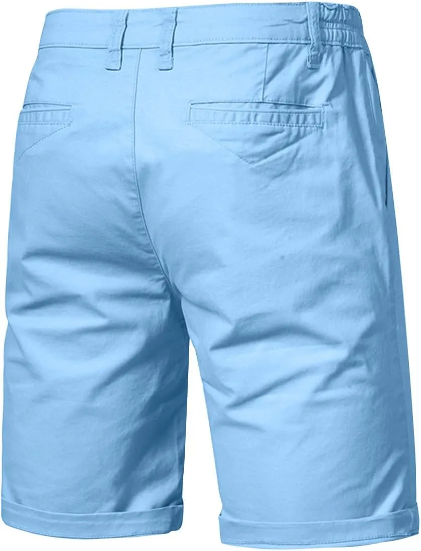 WENKOMG1 MensCotton Shorts Solid Chino Casual Knee Length Work Shorts Summer Slim Fit 10" Inseam Flat Front Shorts