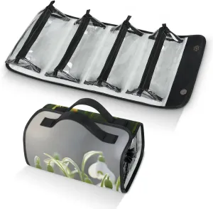 White Flower Travel Toiletry Bag for Women, 4 in 1 Roll Up Makeup Cosmetic Bag With 4 Removable PVC Zipper Pouch