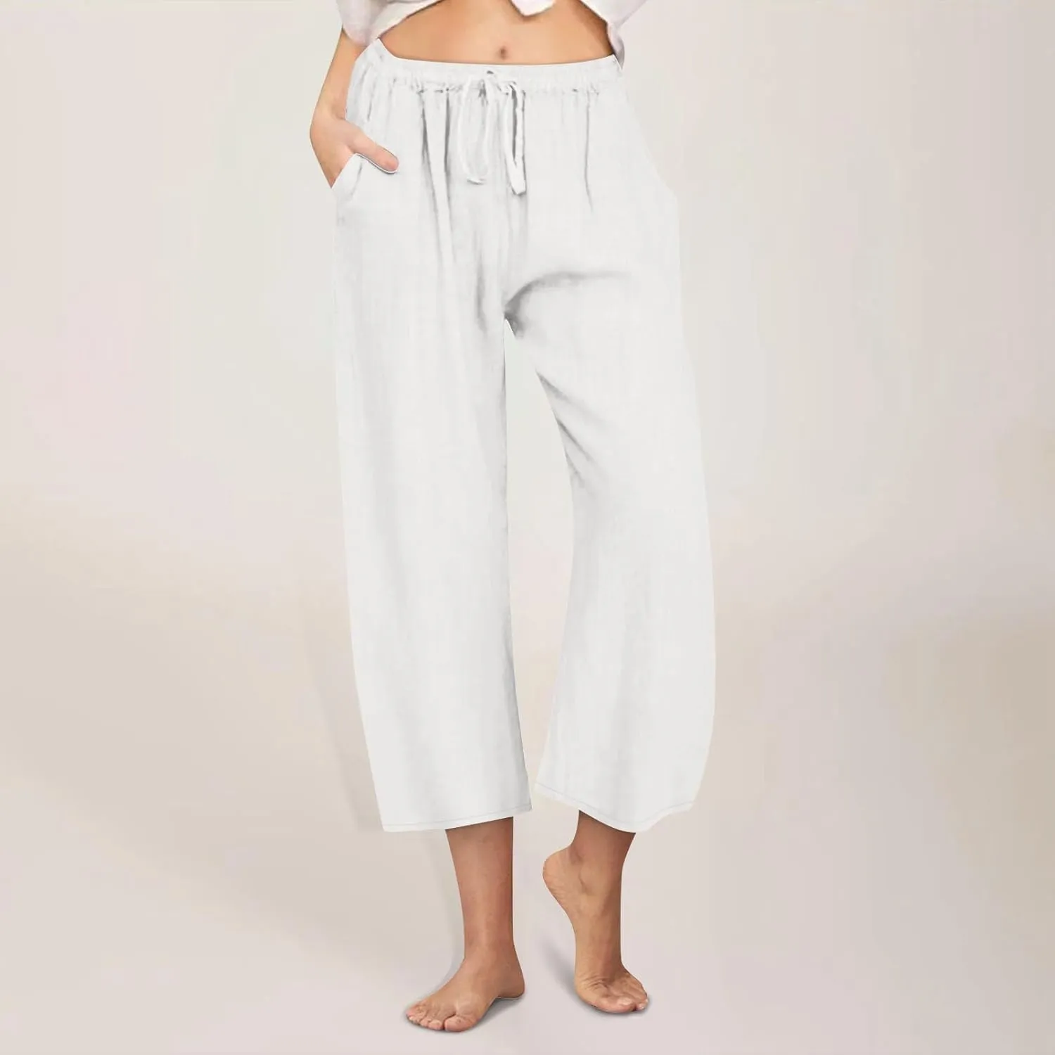 Wide Leg Cropped Pants for Women Summer Casual Linen Pants Drawstring Lightweight Comfy Beach Trousers with Pockets