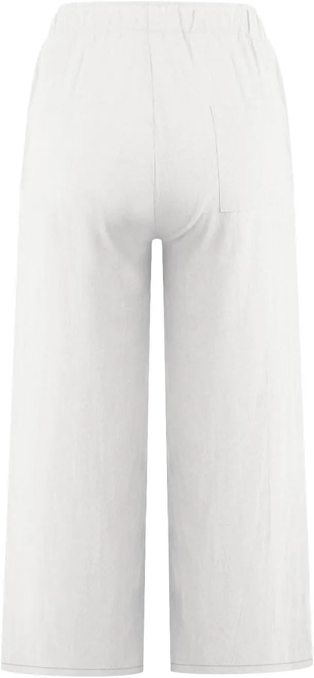 Wide Leg Cropped Pants for Women Summer Casual Linen Pants Drawstring Lightweight Comfy Beach Trousers with Pockets