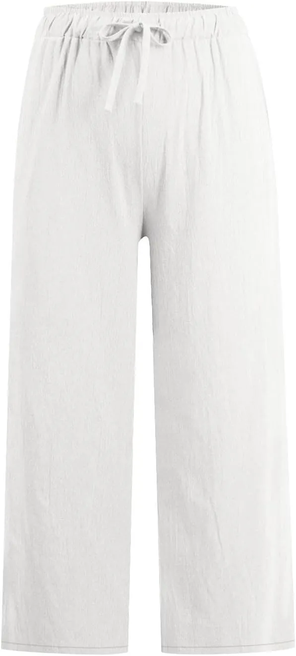 Wide Leg Cropped Pants for Women Summer Casual Linen Pants Drawstring Lightweight Comfy Beach Trousers with Pockets