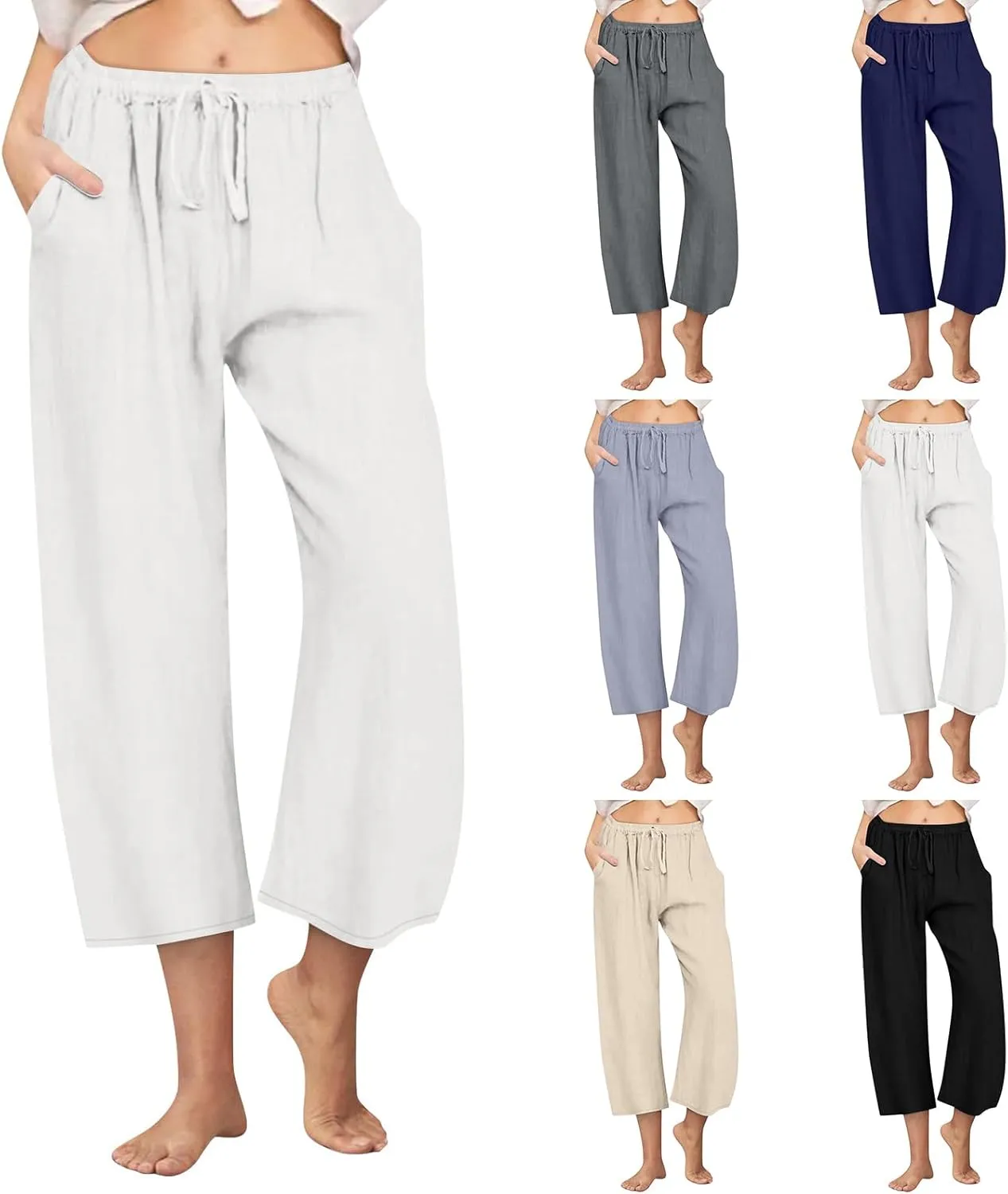 Wide Leg Cropped Pants for Women Summer Casual Linen Pants Drawstring Lightweight Comfy Beach Trousers with Pockets