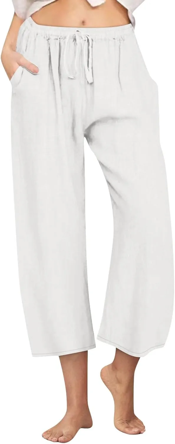 Wide Leg Cropped Pants for Women Summer Casual Linen Pants Drawstring Lightweight Comfy Beach Trousers with Pockets